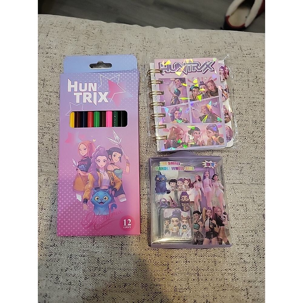 3 Piece Kpop Huntrix New Lot Colored Pencils Roller Seal & Mini Notebook